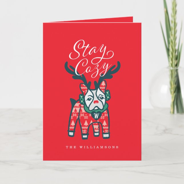 Stay Cozy | French Bulldog Reindeer Christmas Holiday Card (Front)