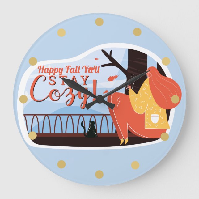 Stay Cozy Hygge Autumn Fall FolkArt Decor ADD NAME Large Clock (Front)