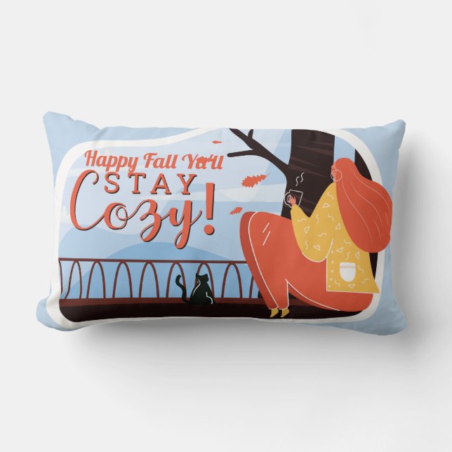 Stay Cozy Hygge Autumn Fall FolkArt Decor ADD NAME Lumbar Pillow (Front)