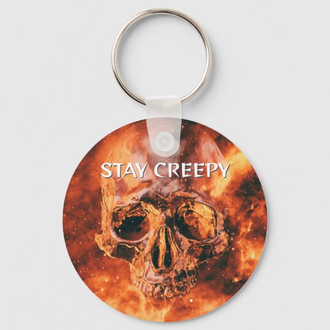 Stay Creepy. Flaming skull in space Keychain (Front)