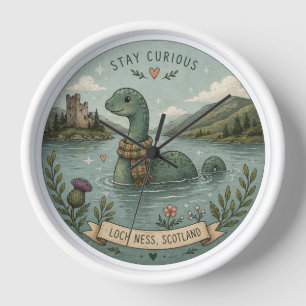 Stay Curious Cozy Cryptid Nessie Loch Ness Monster Clock