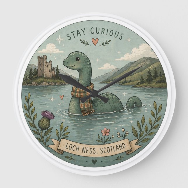 Stay Curious Cozy Cryptid Nessie Loch Ness Monster Large Clock (Front)