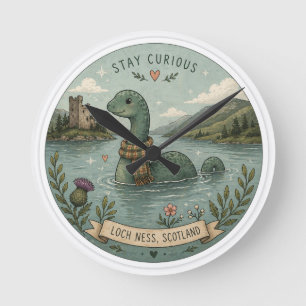 Stay Curious Cozy Cryptid Nessie Loch Ness Monster Round Clock