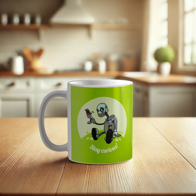 Stay Curious! Robot And Butterfly Cartoon Coffee Mug (Creator Uploaded)