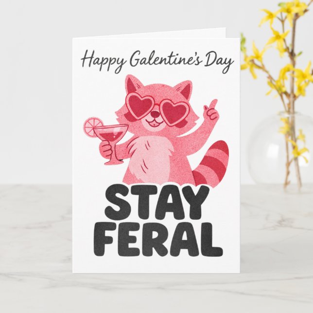 Stay Feral Galentines Raccoon Card (Yellow Flower)