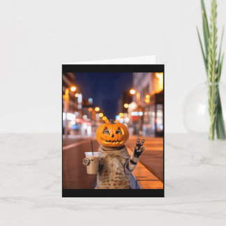 Stay feral halloween cat drinking iced coffee card