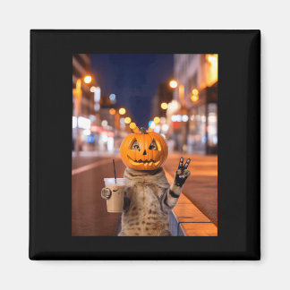 Stay feral halloween cat drinking iced coffee magnet