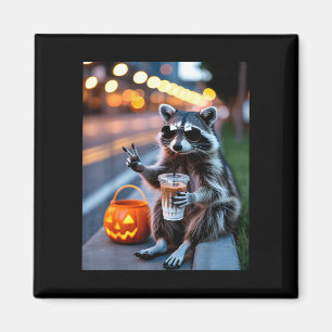 Stay feral raccoon drinking iced coffee halloween magnet