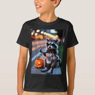 Stay feral raccoon drinking iced coffee halloween T-Shirt
