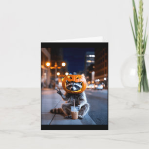 Stay feral raccoon halloween drinking iced coffee card