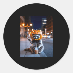 Stay feral raccoon halloween drinking iced coffee classic round sticker