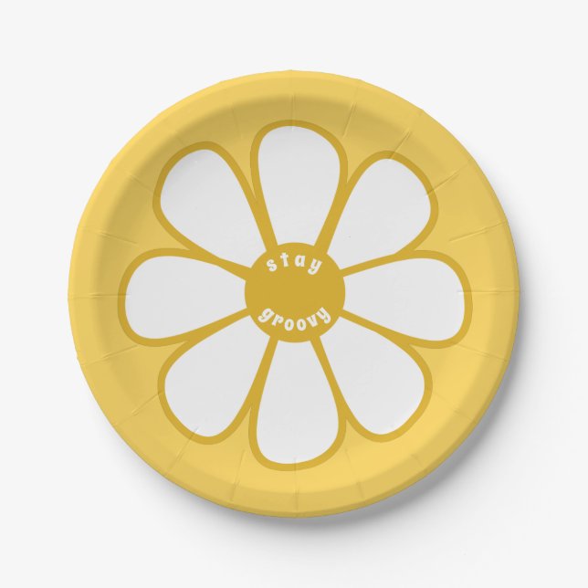 Stay Groovy Cute Retro Daisy Flower Paper Plates (Front)