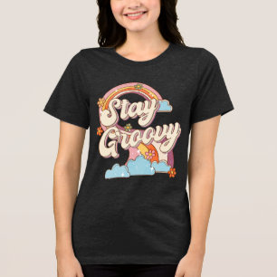 Stay Groovy Retro Rainbow Flowers Typography Tri-Blend Shirt