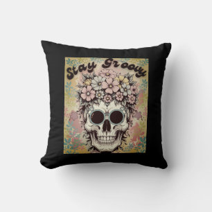 Stay Groovy Skull Retro Floral Halloween Skull 70s Throw Pillow