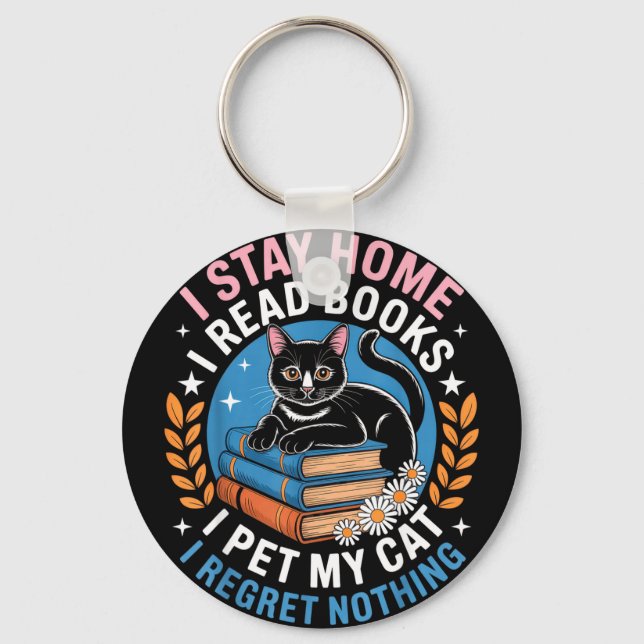 Stay home read books pet cat funny introvert nerd keychain (Front)