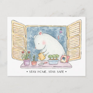 Stay home stay safe polar bear bunny watercolour postcard