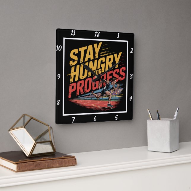 Stay Hungry For Progress Runner Square Wall Clock (Office)
