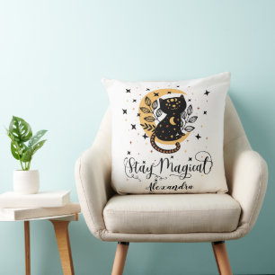 Stay Magical: Black Cat, Moon, Stars & Custom Name Throw Pillow