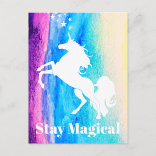 Stay Magical Rainbow Watercolor White Unicorn Postcard