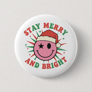 Stay Merry And Bright Retro Smiley Face Christmas 2 Inch Round Button