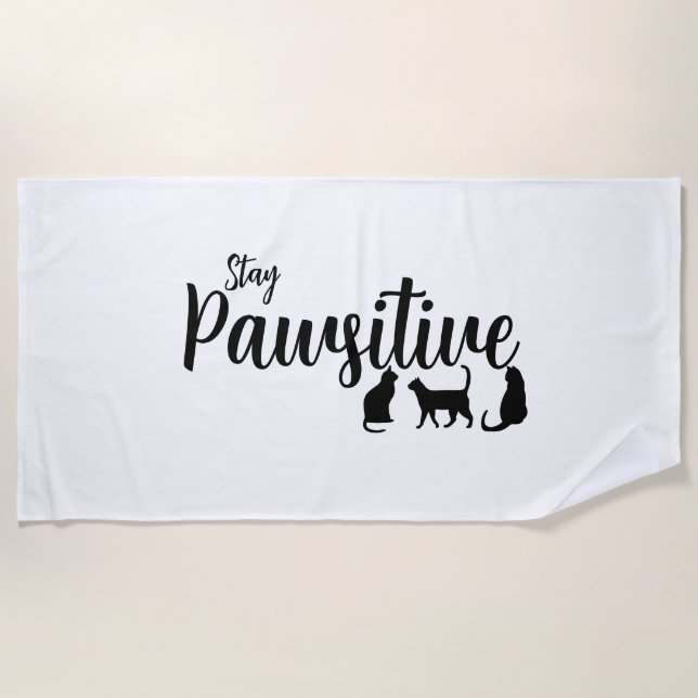 Stay Pawsitive Black Cat Beach Towel (Front)