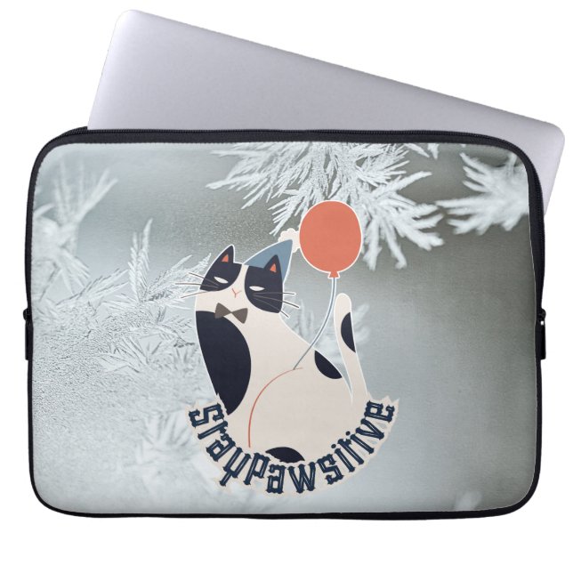 Stay Pawsitive Cat Illustration Modern Neoprene La Laptop Sleeve (Front)