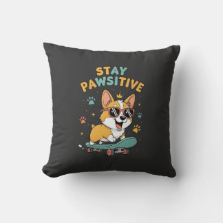 Stay Pawsitive Corgi Skateboarding Cute Motivation Throw Pillow