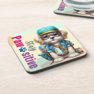 Stay Pawsitive Cute Dog Wearing Backpack Coaster