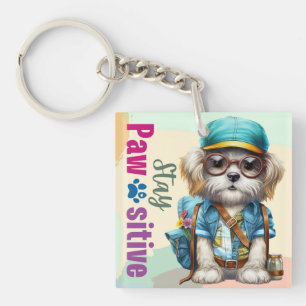 Stay Pawsitive Cute Dog Wearing Backpack Keychain