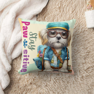 Stay Pawsitive Cute Dog Wearing Backpack Throw Pillow