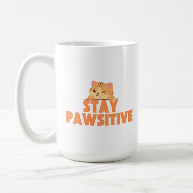 Stay Pawsitive Cute Winking Cat Pun Design Coffee Mug (Left)