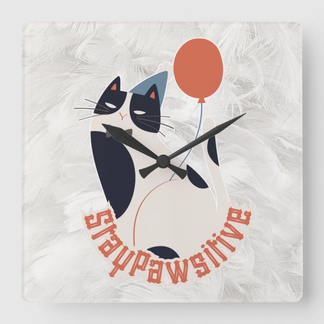 Stay Pawsitive | Dapper Tuxedo Cat Whimsical Acryl Square Wall Clock (Front)