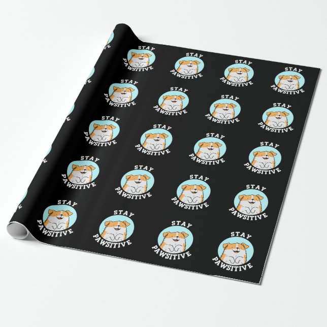 Stay Pawsitive Funny Smiling Dog Pun Dark BG Wrapping Paper (Unrolled)