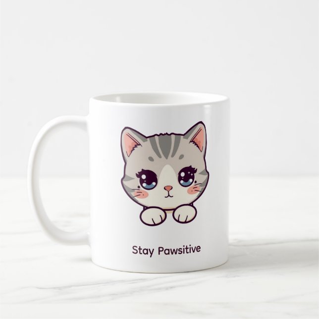 Stay Pawsitive Kawaii Kitten | Custom Name Coffee  Mug (Left)