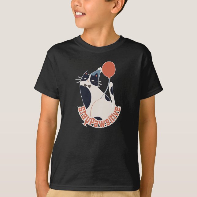 Stay Pawsitive Kids Tuxedo Cat Birthday Party Blac T-Shirt (Front)