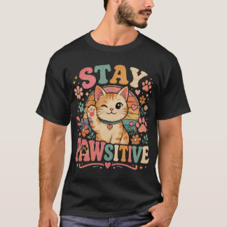 Stay Pawsitive Retro Cat Positive Vibes T-Shirt