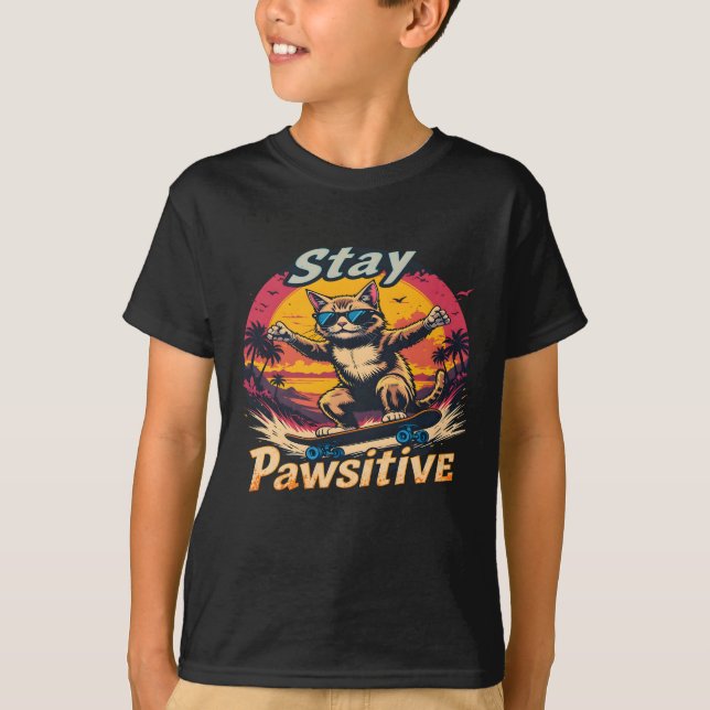 Stay Pawsitive Retro Cat Skateboard Design – Funny T-Shirt (Front)