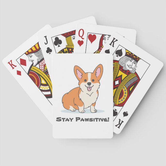 Stay Pawsitive, Stay Positive, Cute Dog Pun Corgi Playing Cards (Back)