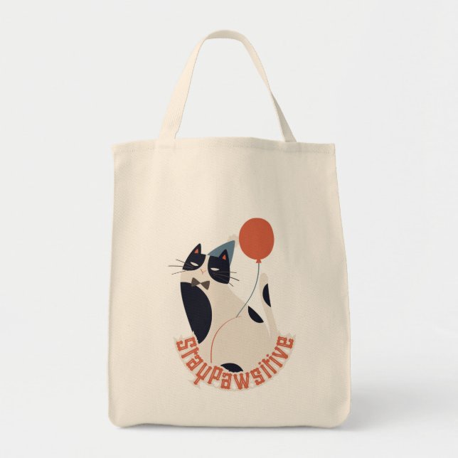 Stay Pawsitive Tuxedo Cat Birthday Party Grocery  Tote Bag (Front)