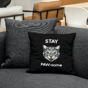 Stay Pawsome pun black cat Throw Pillow