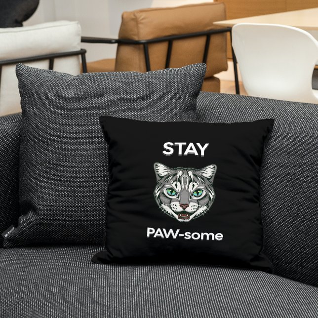 Stay Pawsome pun black cat Throw Pillow (Creator Uploaded)