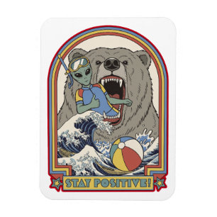 Stay Positive Alien Bear Surfing Retro Art Magnet