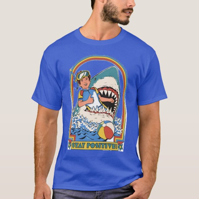 Stay Positive – Funny Retro Diver in Shark’s Mouth T-Shirt (Front)