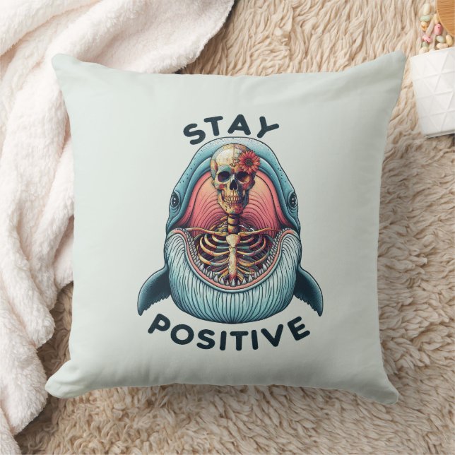 Stay Positive - Skeleton and Whale Throw Pillow (Blanket)