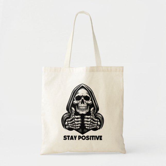 "Stay Positive" Skeleton Thumbs Up Tote Bag (Front)