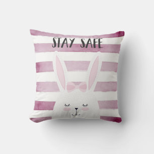 Stay Safe Quote Funny Bunny in Pink Shades Throw Pillow