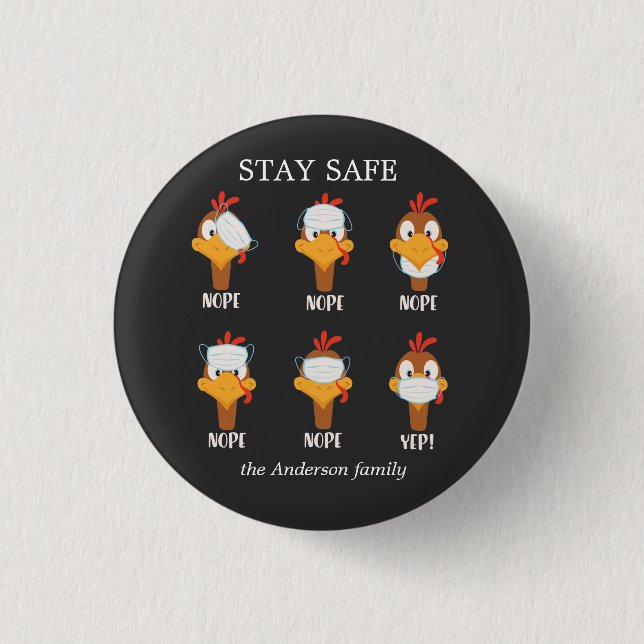 stay safe turkey face mask pandemic monogram 1 inch round button (Front)