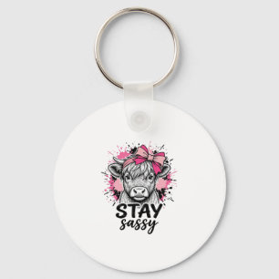 Stay Sassy Pink Highland Cow Vintage Engraving Shi Keychain