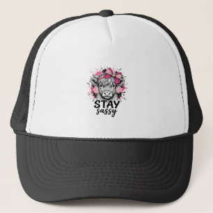 Stay Sassy Pink Highland Cow Vintage Engraving Shi Trucker Hat