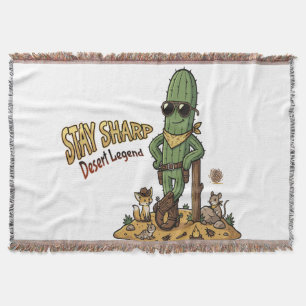 Stay Sharp Desert Legend Cowboy Cactus Illustratio Throw Blanket